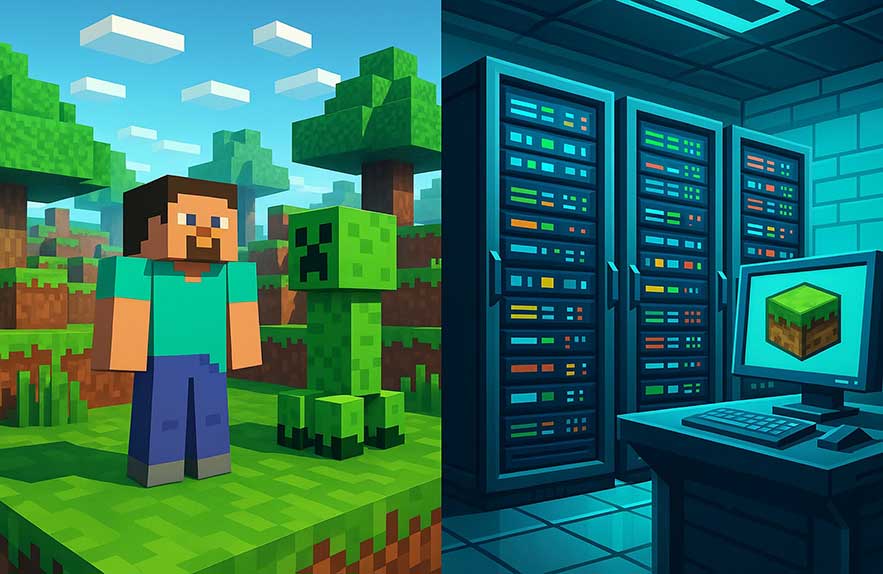 Minecraft data center with Apex Hosting server racks, digital landscape