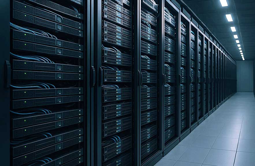 close-up view of a modern data center rack filled with cloud storage servers and connected network cables