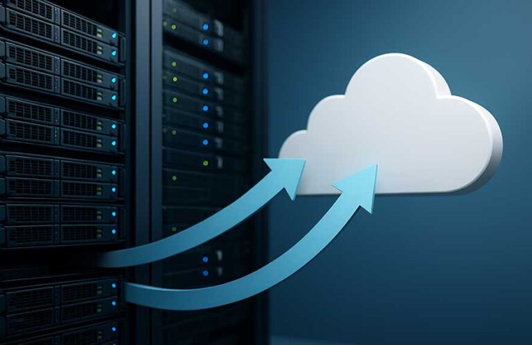 cloud migration process with data transfer arrows and server infrastructure in background
