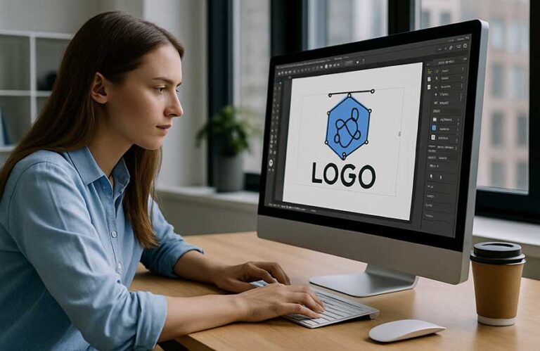Person editing a logo in Adobe Illustrator to convert PNG to vector