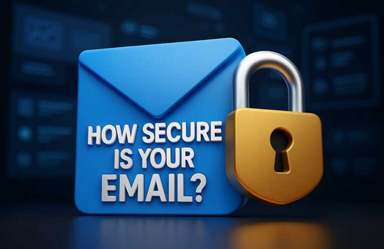 3D illustration of email security risks with locks and warning symbols, reflecting concerns about email security in 2025
