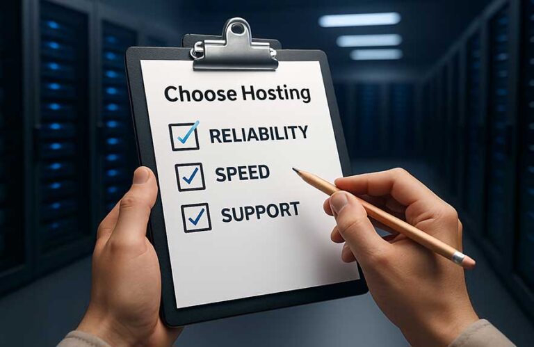 How to choose a hosting provider visually represented by a person reviewing hosting options on a laptop in a modern digital environment