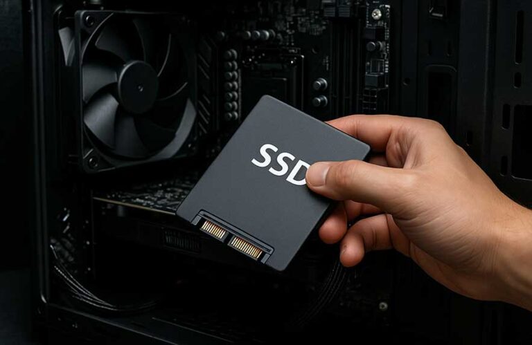 close-up photo showing how to install an ssd into a desktop pc motherboard