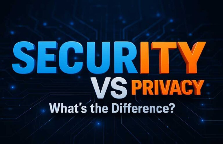 3D-rendered image showing the words “Online Security” and “Privacy” in bold letters with a cyber-themed background, highlighting the contrast between security and privacy online