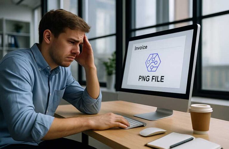 Frustrated man looking at PNG-only logo file on computer screen