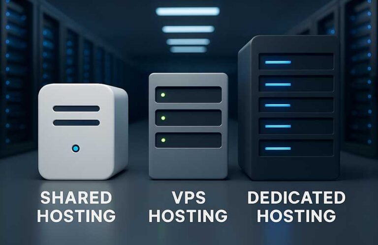 Shared vs VPS vs Dedicated Hosting visualized with server icons and layered infrastructure comparison, 2025