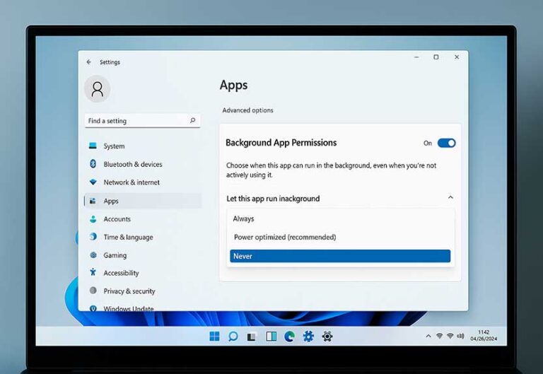 turn off background apps in windows 11 using settings app on a laptop screen