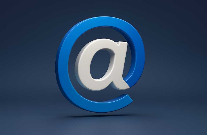 3D @ symbol with a modern blue and white color scheme, representing the best email clients for Windows in 2025