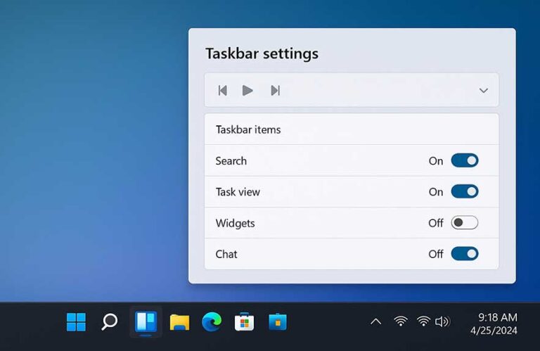 Remove widgets panel in Windows 11 desktop settings