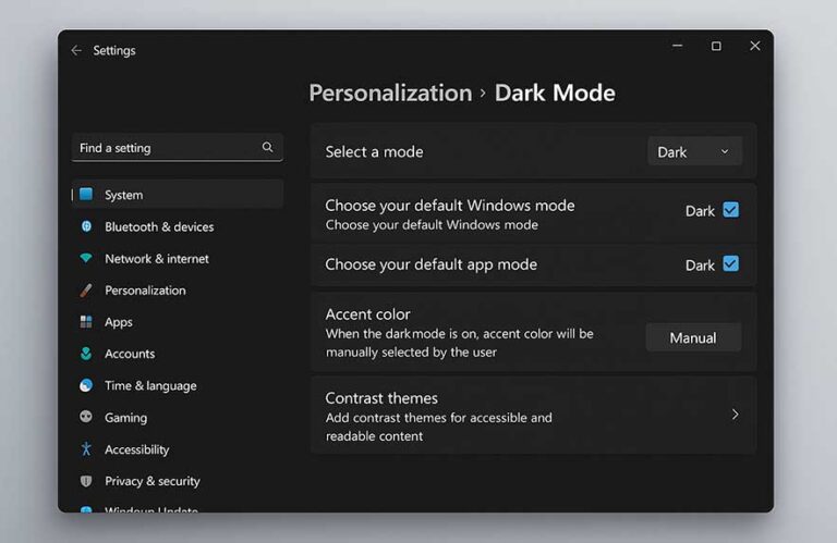 Windows 11 dark mode settings screen with dark theme enabled