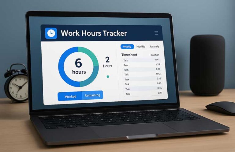 Work hours tracker app dashboard on a freelancer’s screen